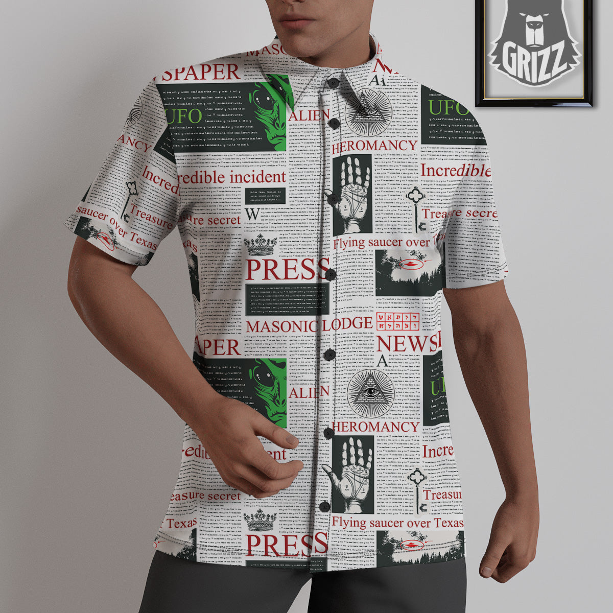 Newspaper Aliens Topic Print Pattern Untucked Shirts-grizzshop