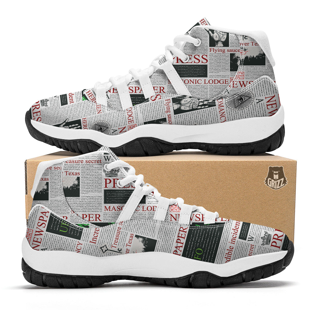 Newspaper Aliens Topic Print Pattern White Bball Shoes-grizzshop