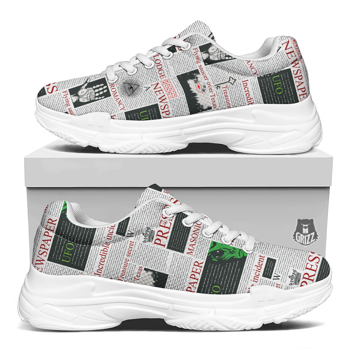 Newspaper Aliens Topic Print Pattern White Chunky Shoes-grizzshop