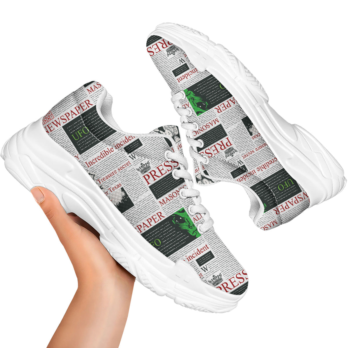 Newspaper Aliens Topic Print Pattern White Chunky Shoes-grizzshop