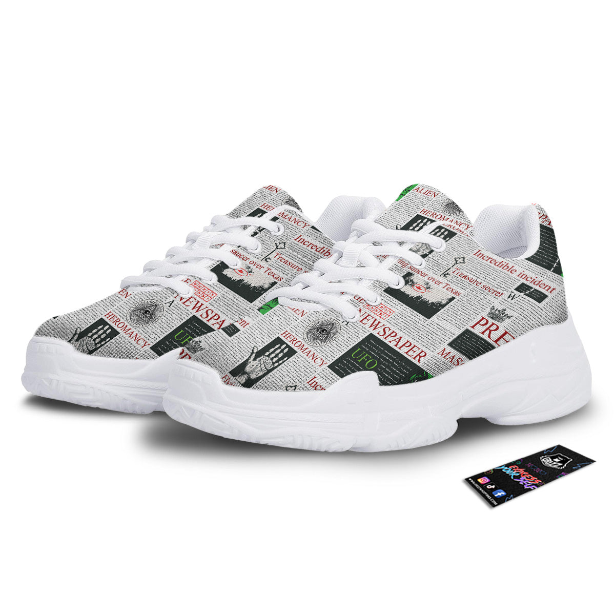 Newspaper Aliens Topic Print Pattern White Chunky Shoes-grizzshop