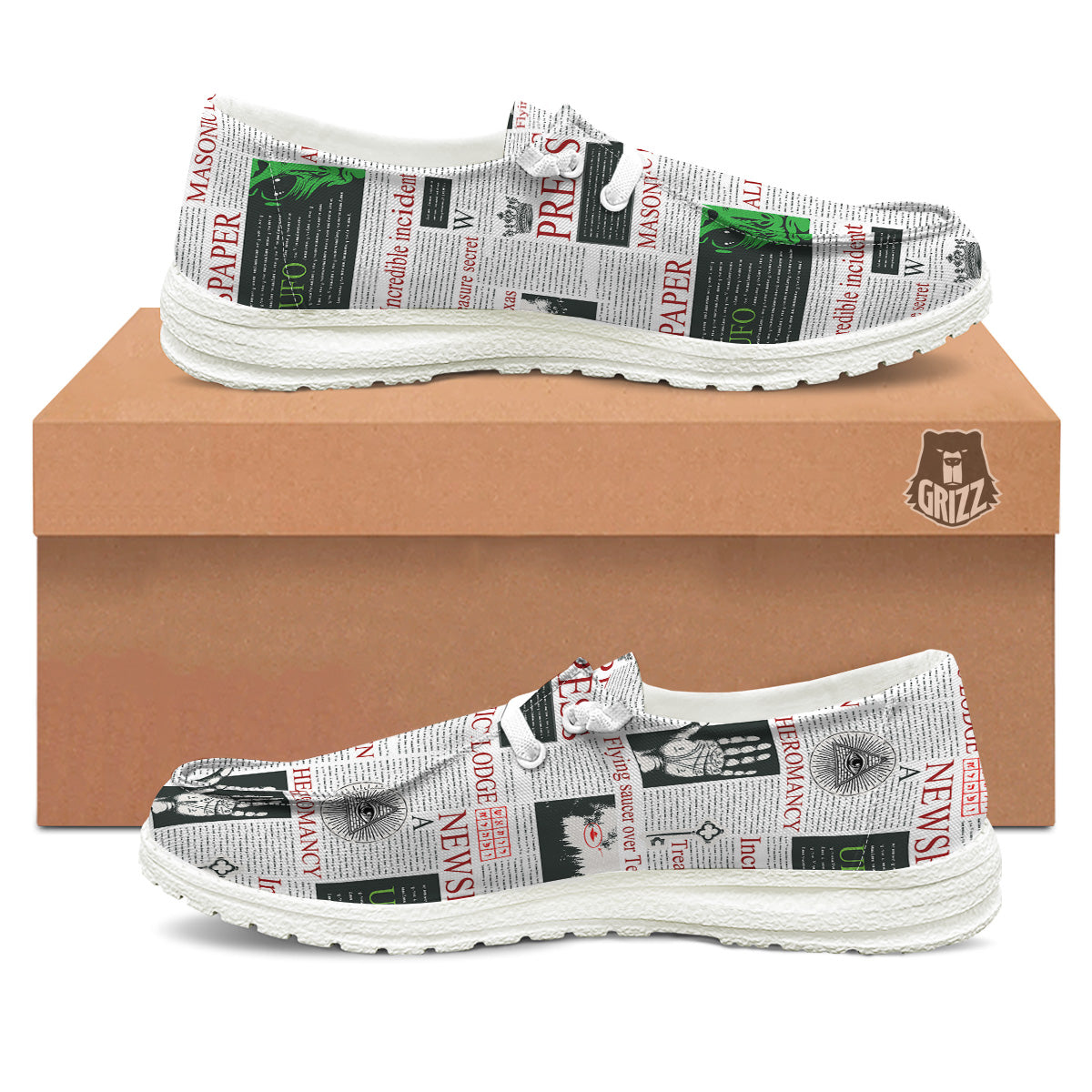 Newspaper Aliens Topic Print Pattern White Loafers-grizzshop