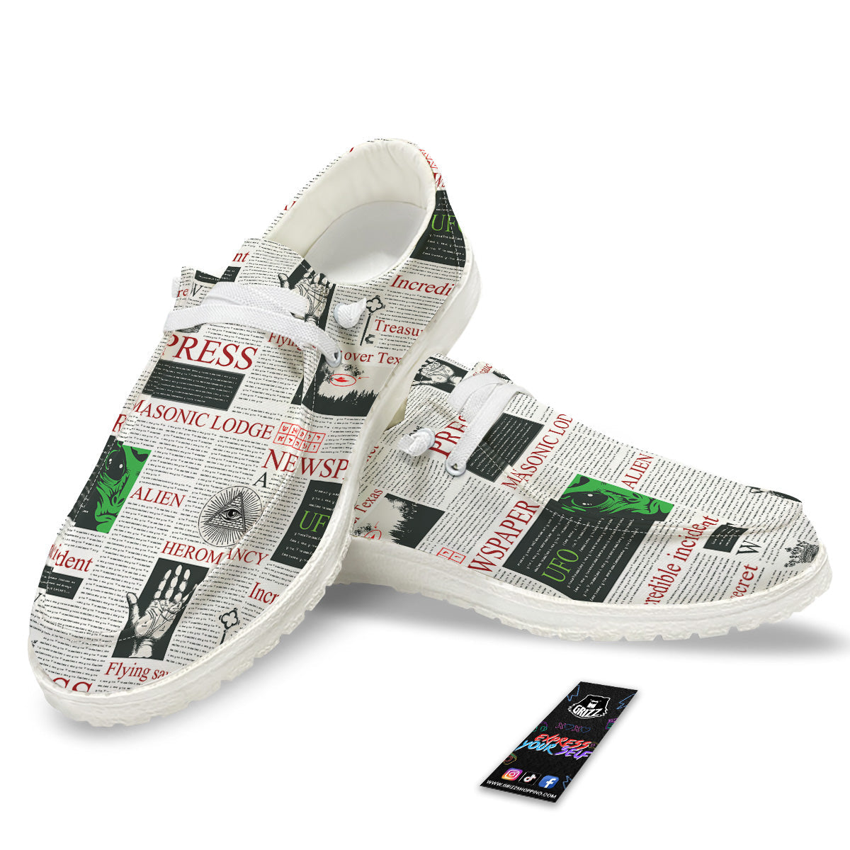 Newspaper Aliens Topic Print Pattern White Loafers-grizzshop