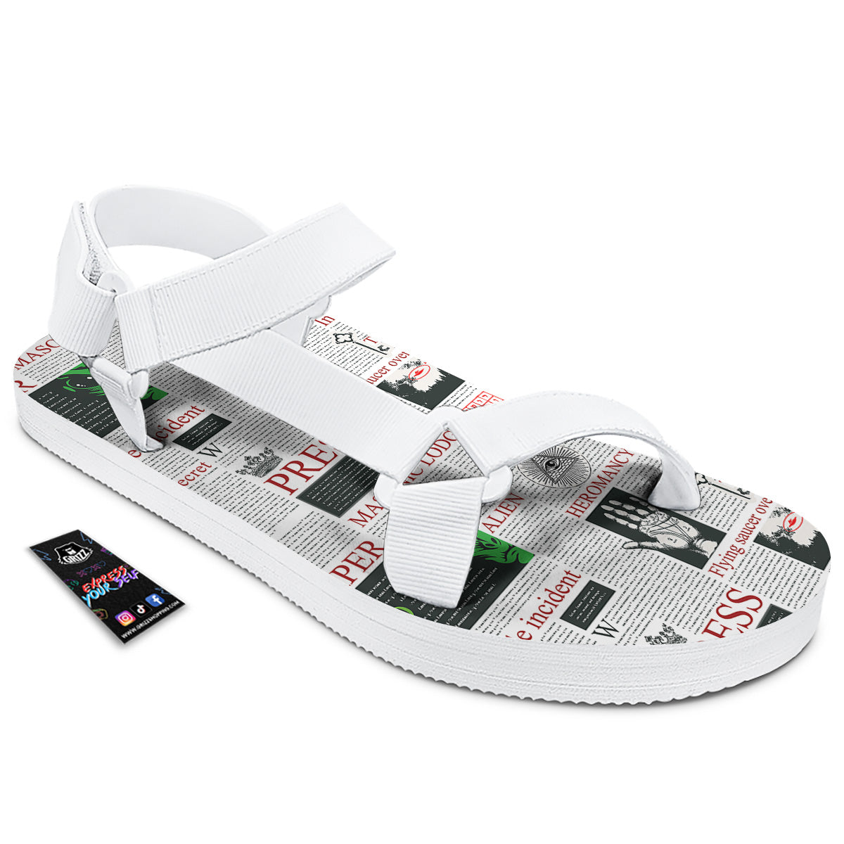 Newspaper Aliens Topic Print Pattern White Open Toe Sandals-grizzshop