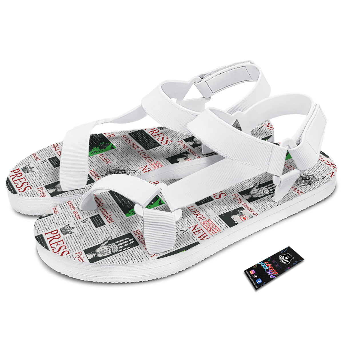 Newspaper Aliens Topic Print Pattern White Open Toe Sandals-grizzshop