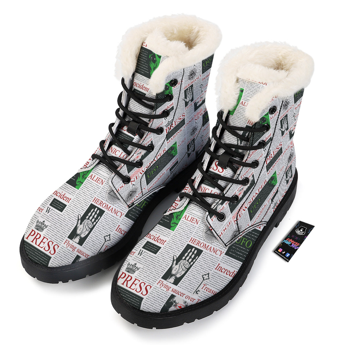 Newspaper Aliens Topic Print Pattern Winter Boots-grizzshop