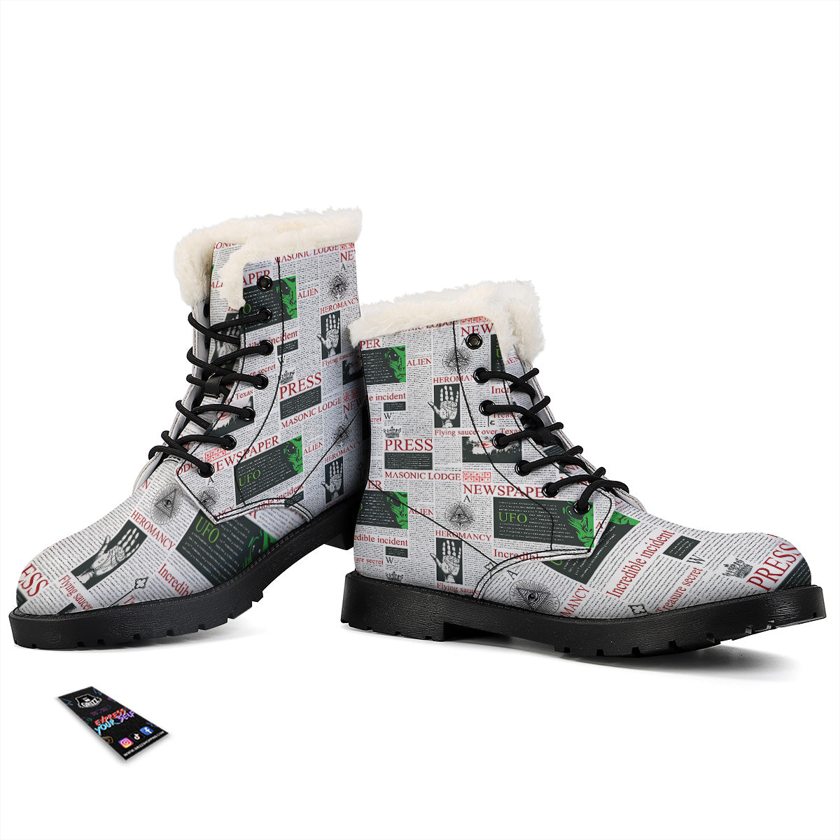 Newspaper Aliens Topic Print Pattern Winter Boots-grizzshop