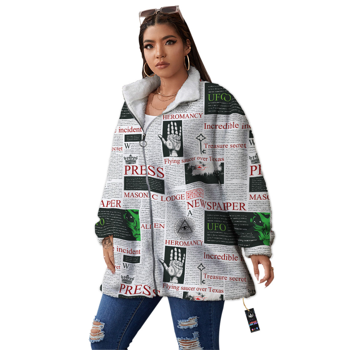 Newspaper Aliens Topic Print Pattern Women's Sherpa Jacket-grizzshop