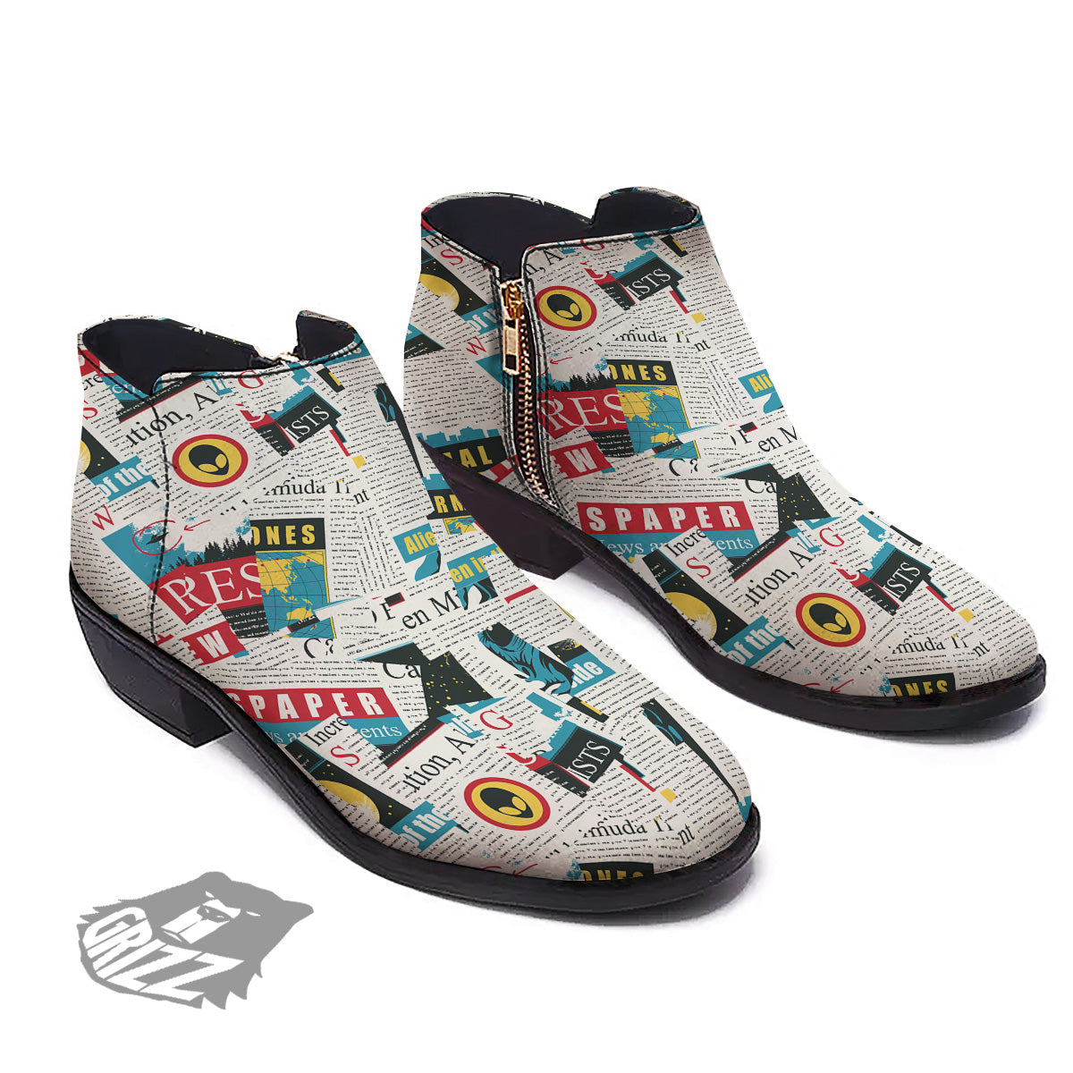 Newspaper Clippings On Aliens Topic Colorful Print Pattern Ankle Boots-grizzshop