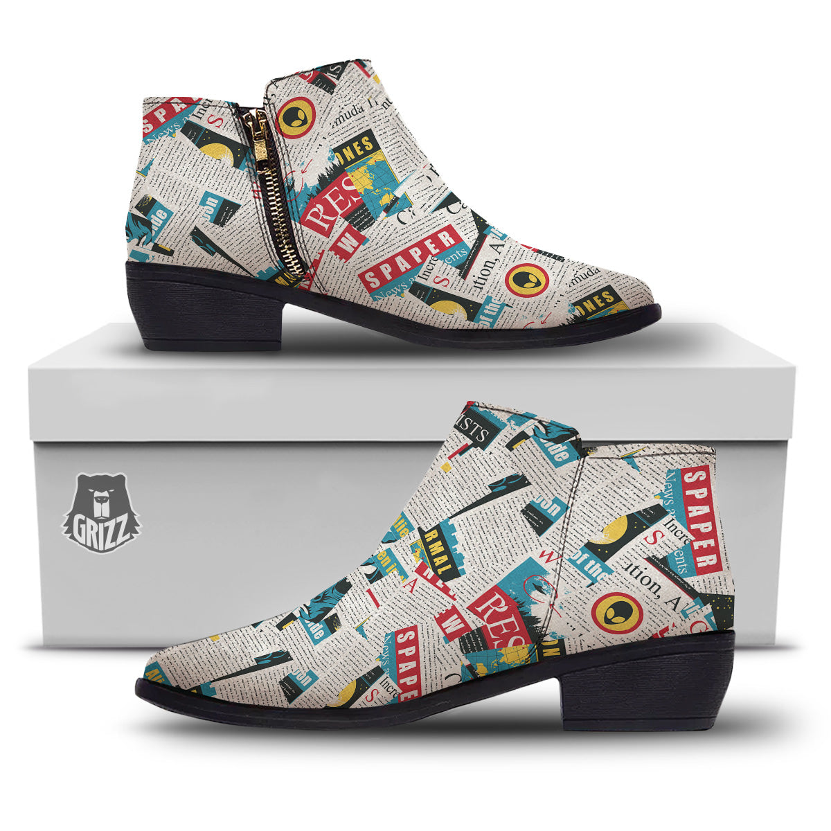 Newspaper Clippings On Aliens Topic Colorful Print Pattern Ankle Boots-grizzshop