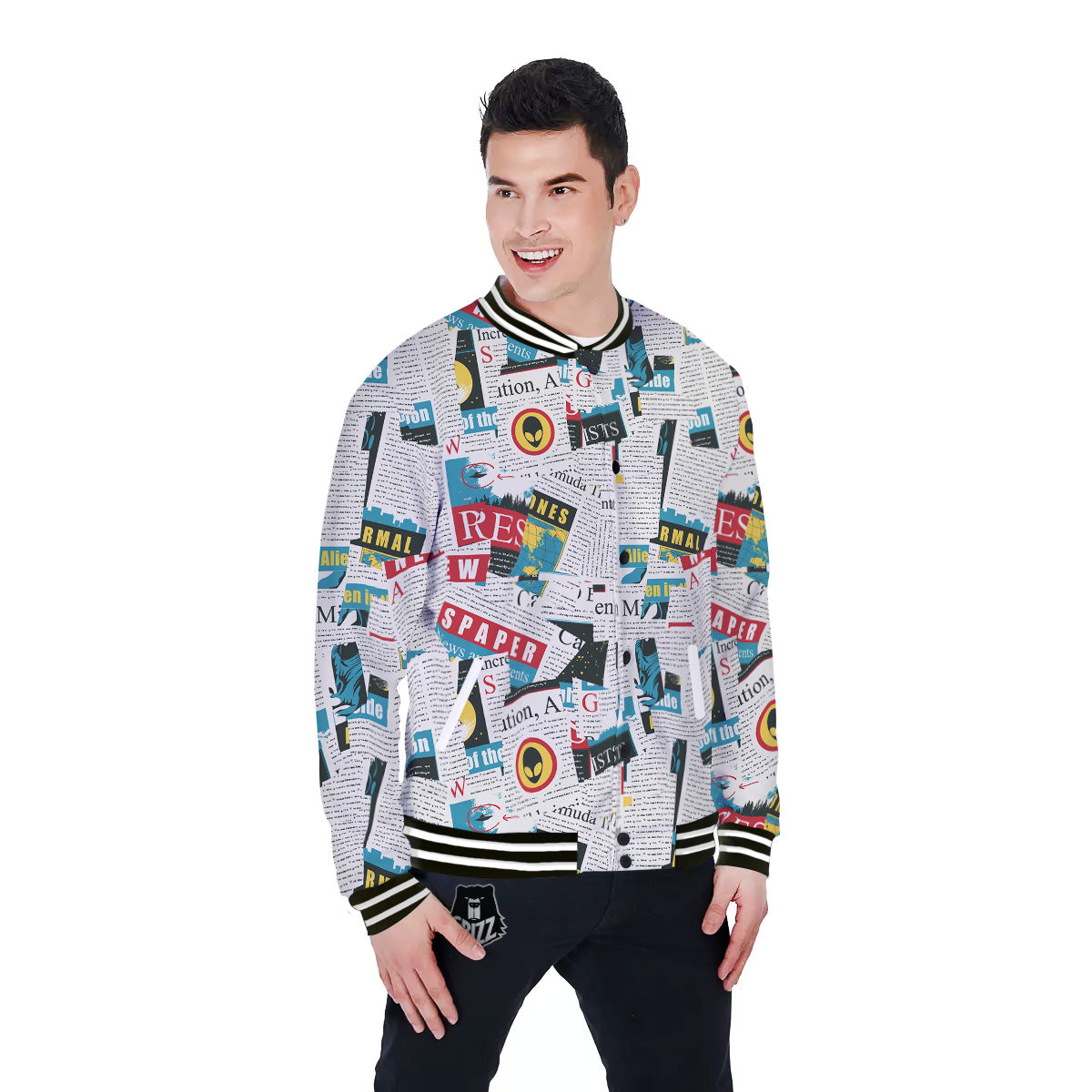 Newspaper Clippings On Aliens Topic Colorful Print Pattern Baseball Jacket-grizzshop
