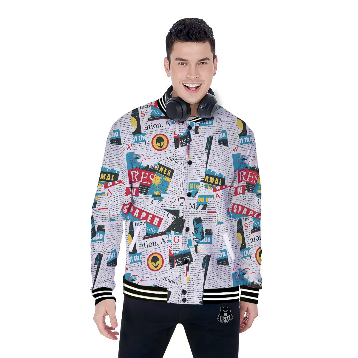 Newspaper Clippings On Aliens Topic Colorful Print Pattern Baseball Jacket-grizzshop