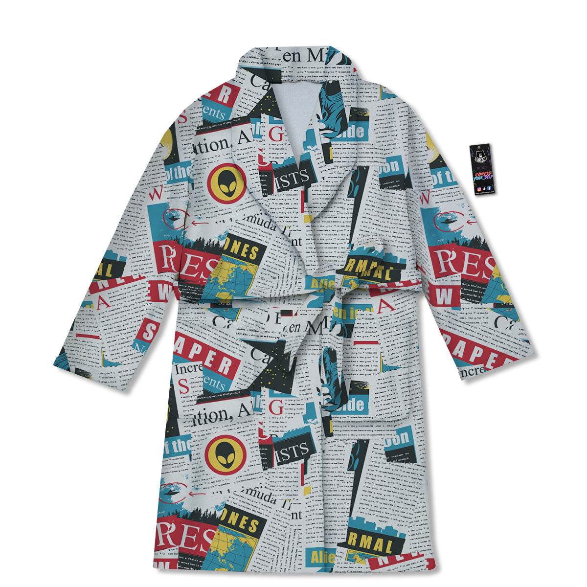 Newspaper Clippings On Aliens Topic Colorful Print Pattern Bathrobe-grizzshop