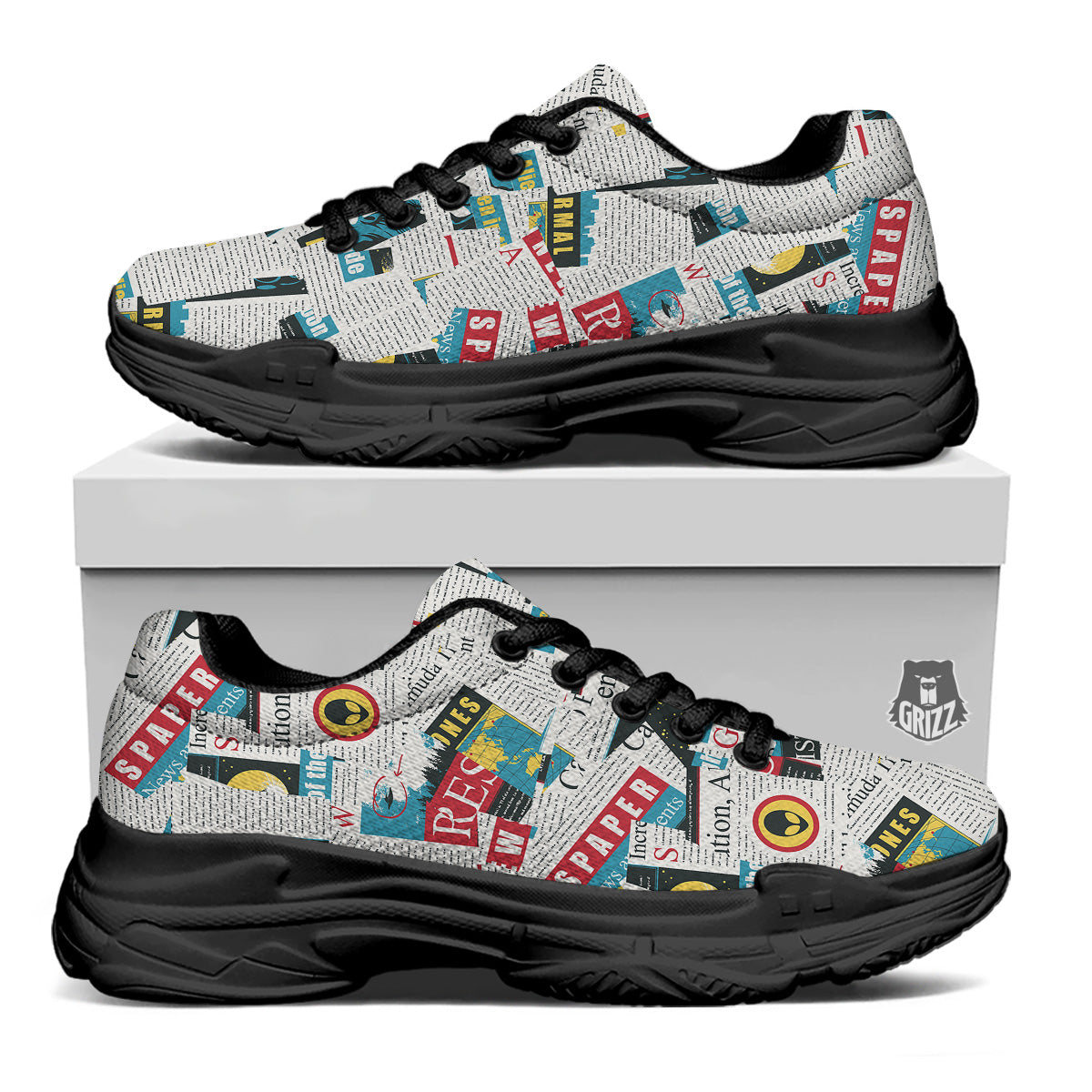 Newspaper Clippings On Aliens Topic Colorful Print Pattern Black Chunky Shoes-grizzshop