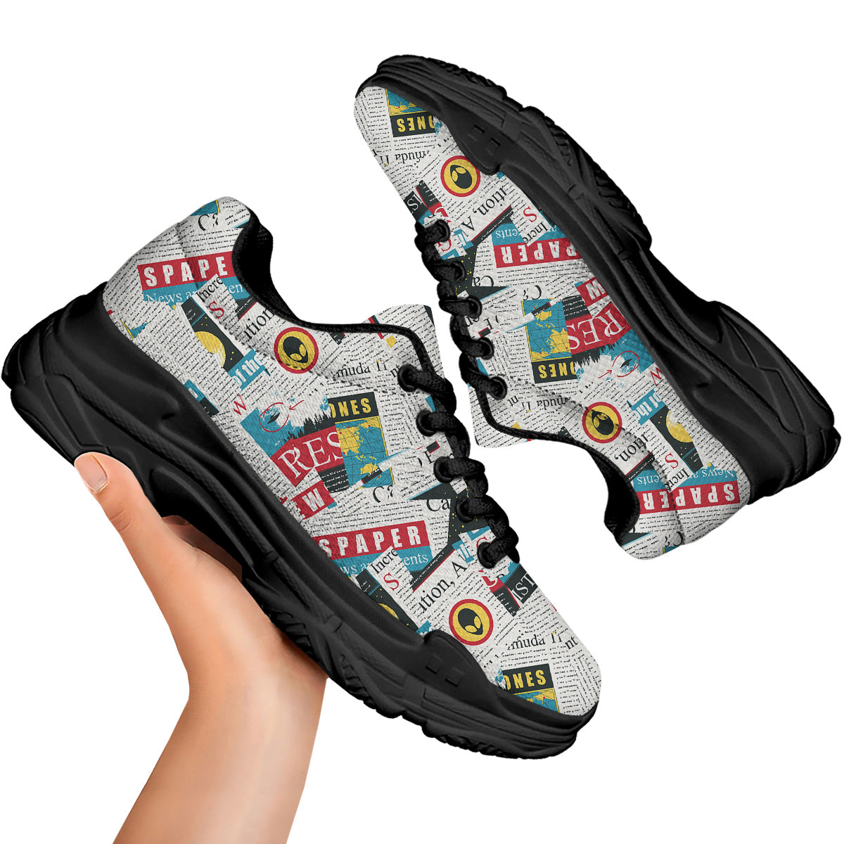 Newspaper Clippings On Aliens Topic Colorful Print Pattern Black Chunky Shoes-grizzshop