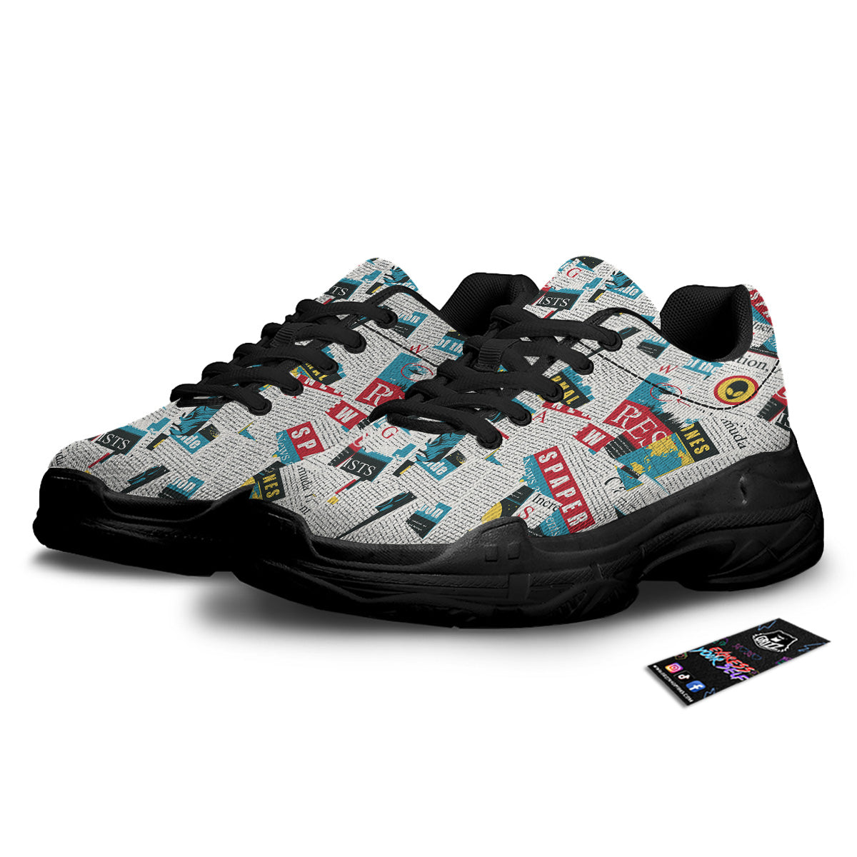 Newspaper Clippings On Aliens Topic Colorful Print Pattern Black Chunky Shoes-grizzshop