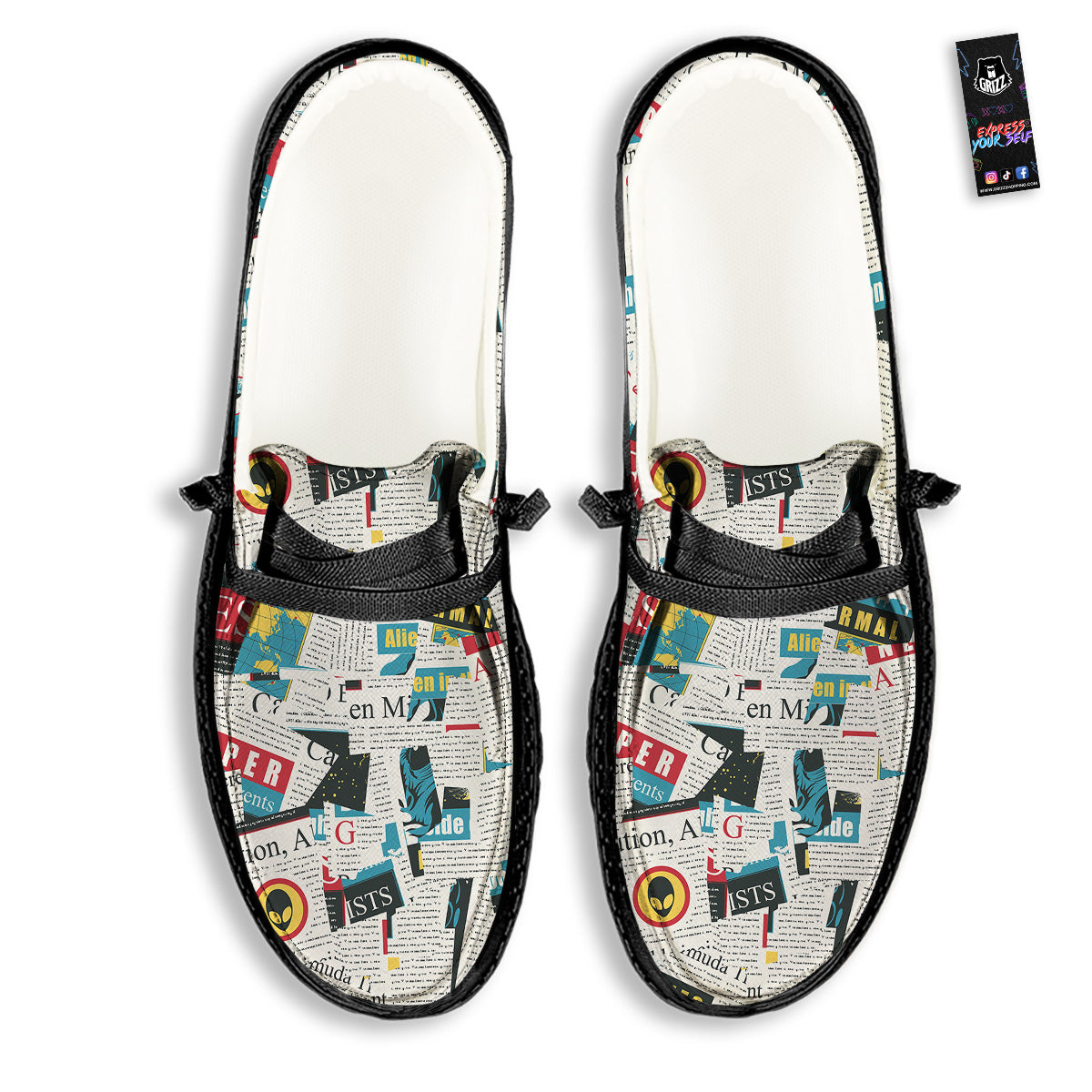 Newspaper Clippings On Aliens Topic Colorful Print Pattern Black Loafers-grizzshop