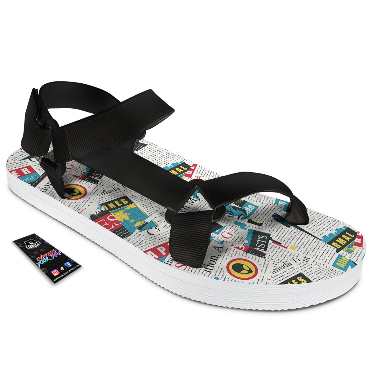 Newspaper Clippings On Aliens Topic Colorful Print Pattern Black Open Toe Sandals-grizzshop