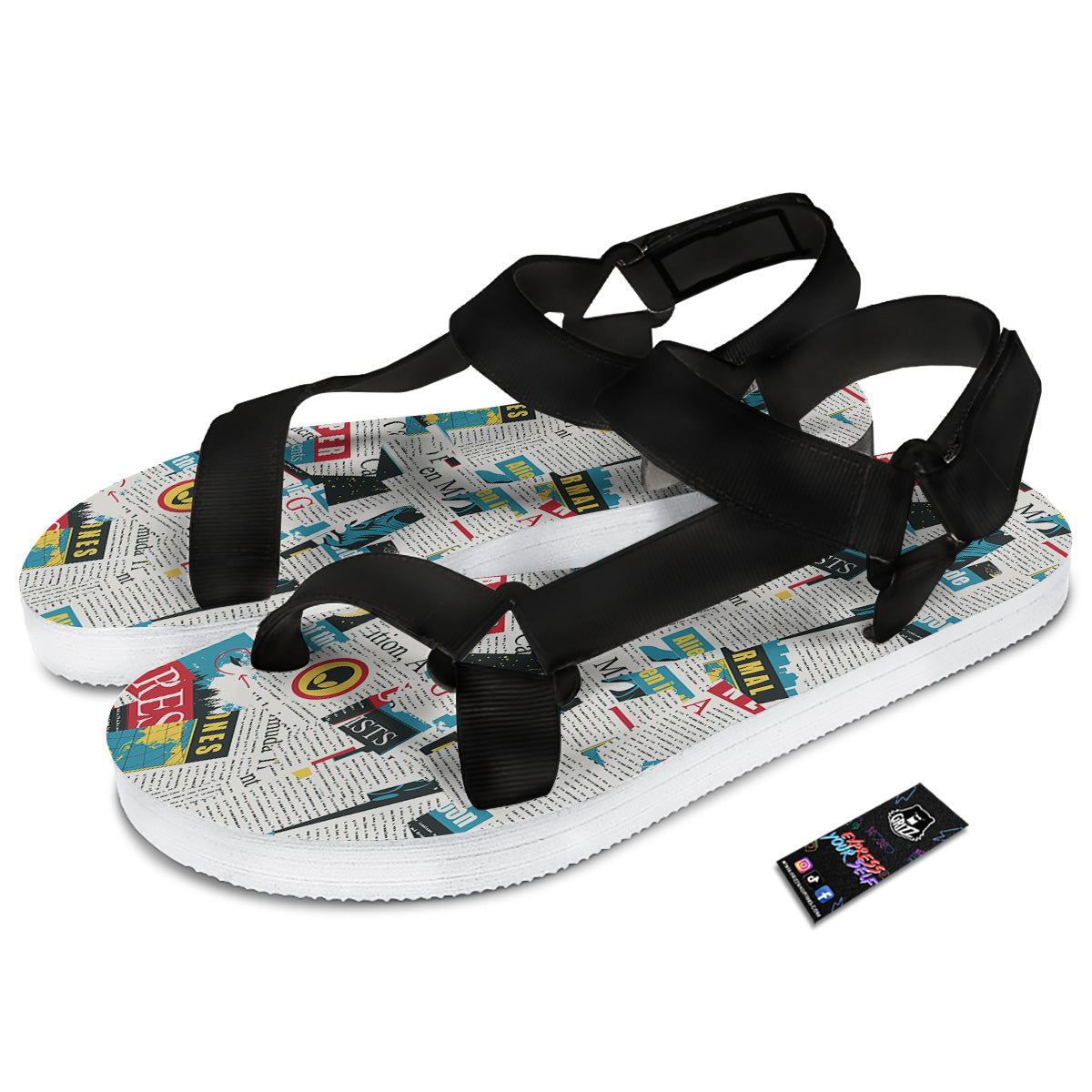 Newspaper Clippings On Aliens Topic Colorful Print Pattern Black Open Toe Sandals-grizzshop