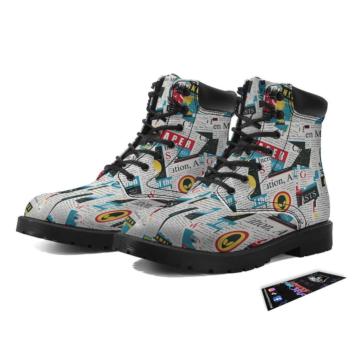 Newspaper Clippings On Aliens Topic Colorful Print Pattern Boots-grizzshop