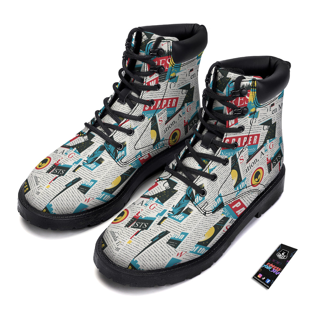 Newspaper Clippings On Aliens Topic Colorful Print Pattern Boots-grizzshop