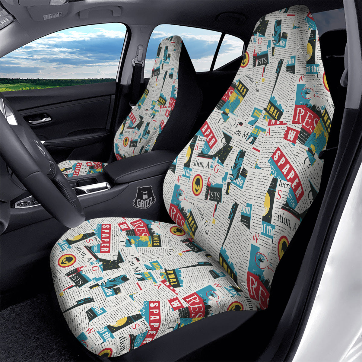 Newspaper Clippings On Aliens Topic Colorful Print Pattern Car Seat Covers-grizzshop