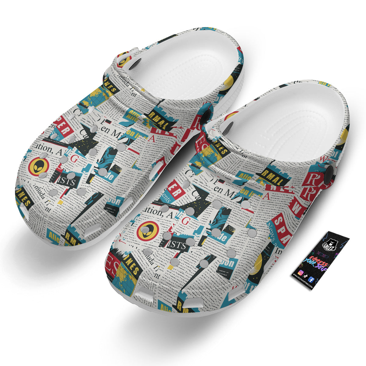 Newspaper Clippings On Aliens Topic Colorful Print Pattern Clog-grizzshop