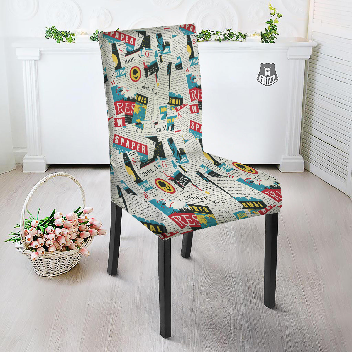 Newspaper Clippings On Aliens Topic Colorful Print Pattern Dining Chair Slipcover-grizzshop