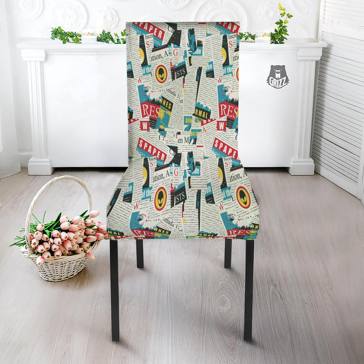 Newspaper Clippings On Aliens Topic Colorful Print Pattern Dining Chair Slipcover-grizzshop