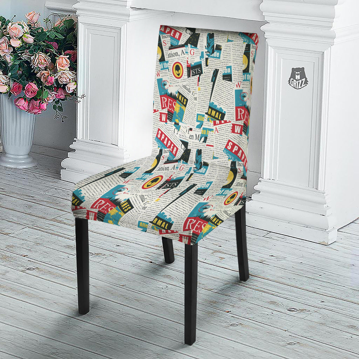 Newspaper Clippings On Aliens Topic Colorful Print Pattern Dining Chair Slipcover-grizzshop