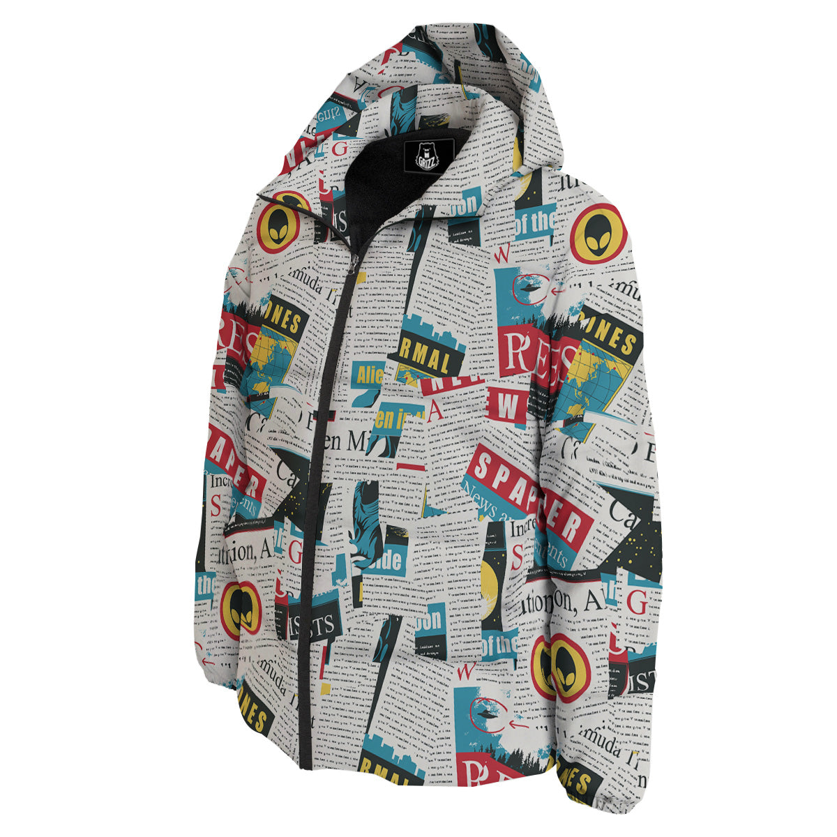 Newspaper Clippings On Aliens Topic Colorful Print Pattern Down Jacket-grizzshop