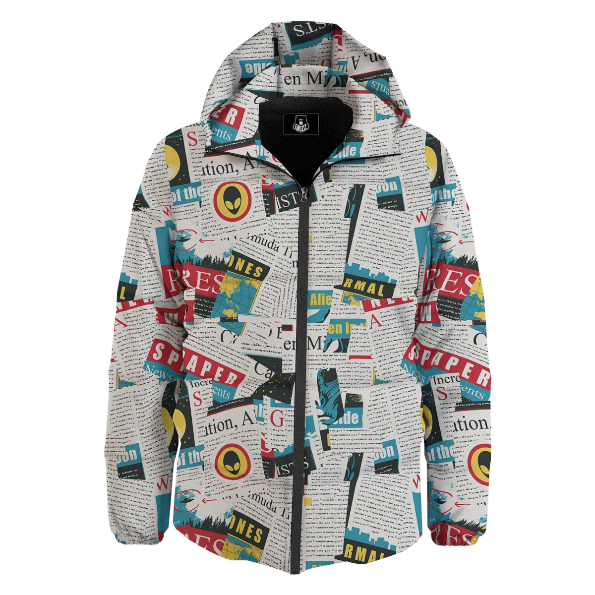 Newspaper Clippings On Aliens Topic Colorful Print Pattern Down Jacket-grizzshop