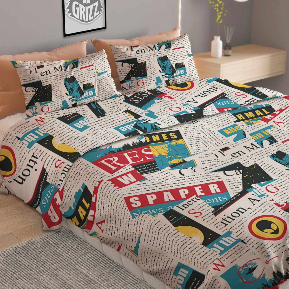 Newspaper Clippings On Aliens Topic Colorful Print Pattern Duvet Cover Bedding Set