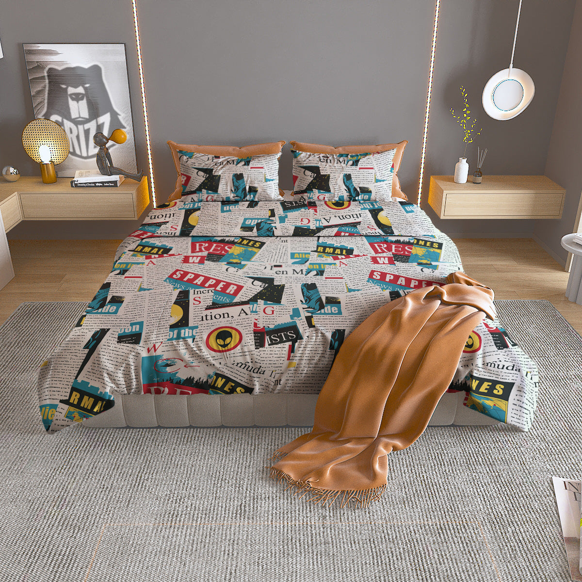 Newspaper Clippings On Aliens Topic Colorful Print Pattern Duvet Cover Bedding Set