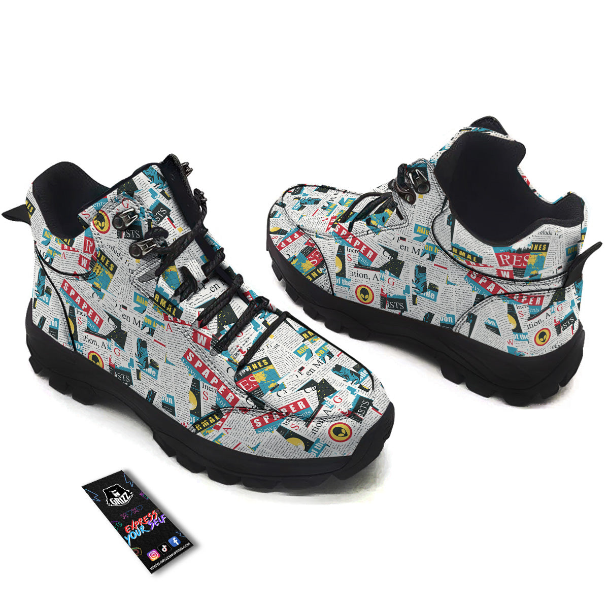 Newspaper Clippings On Aliens Topic Colorful Print Pattern Hiking Shoes-grizzshop