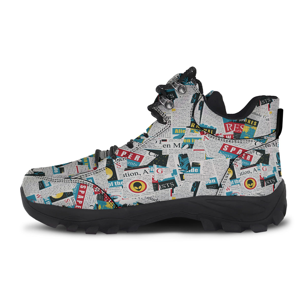 Newspaper Clippings On Aliens Topic Colorful Print Pattern Hiking Shoes-grizzshop