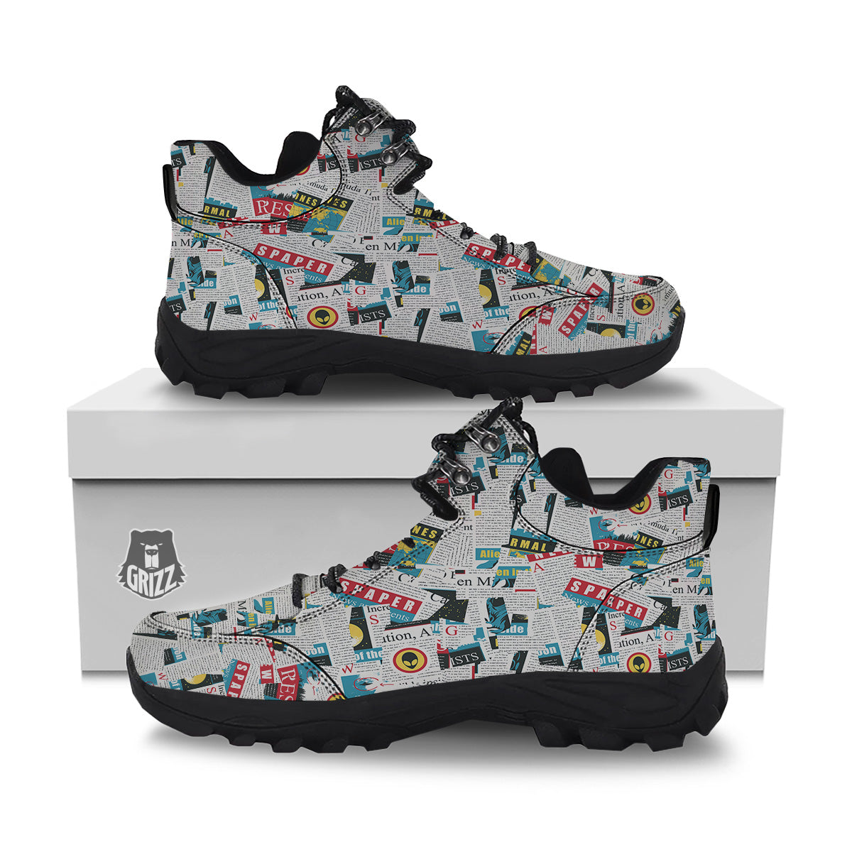 Newspaper Clippings On Aliens Topic Colorful Print Pattern Hiking Shoes-grizzshop