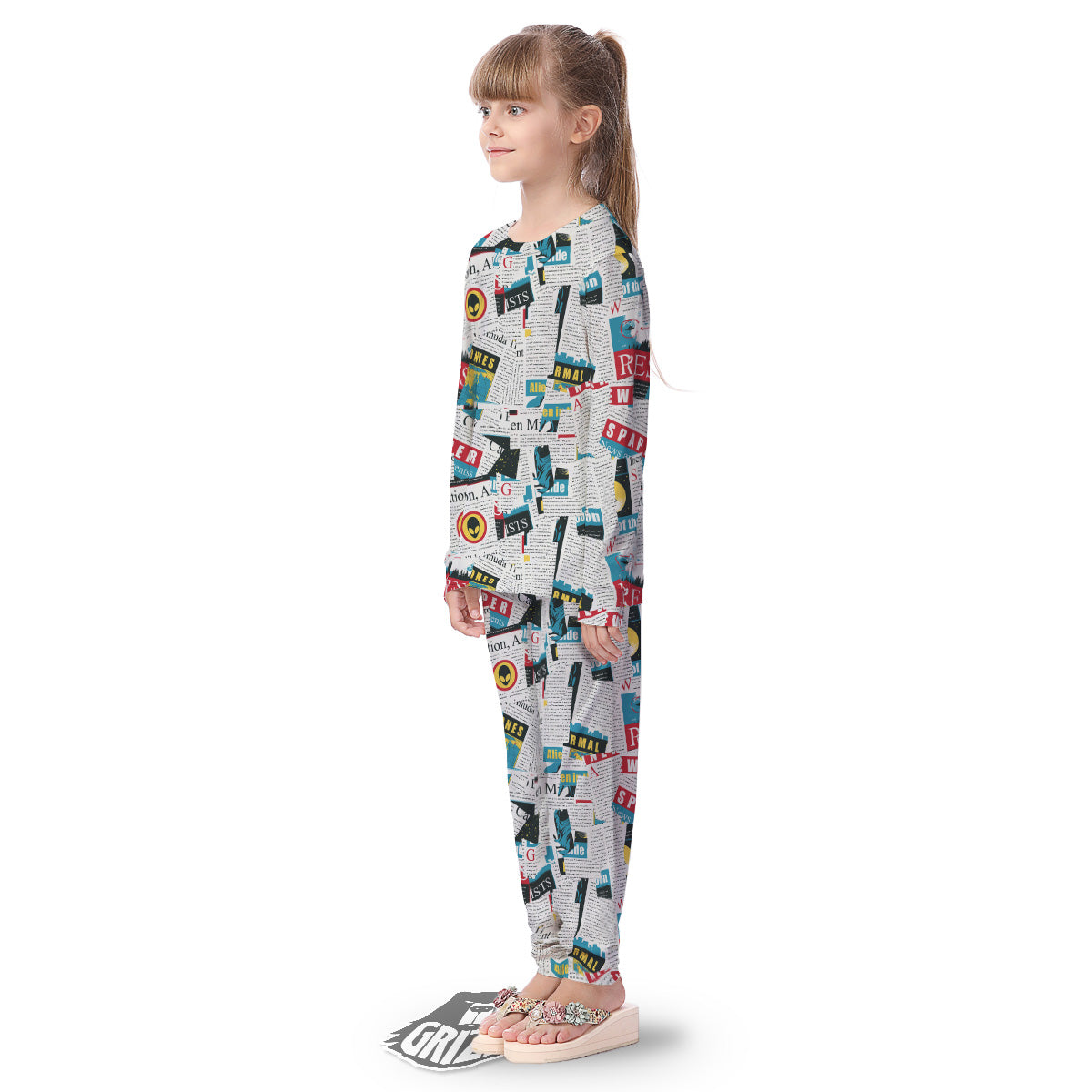 Newspaper Clippings On Aliens Topic Colorful Print Pattern Kid's Pajamas-grizzshop