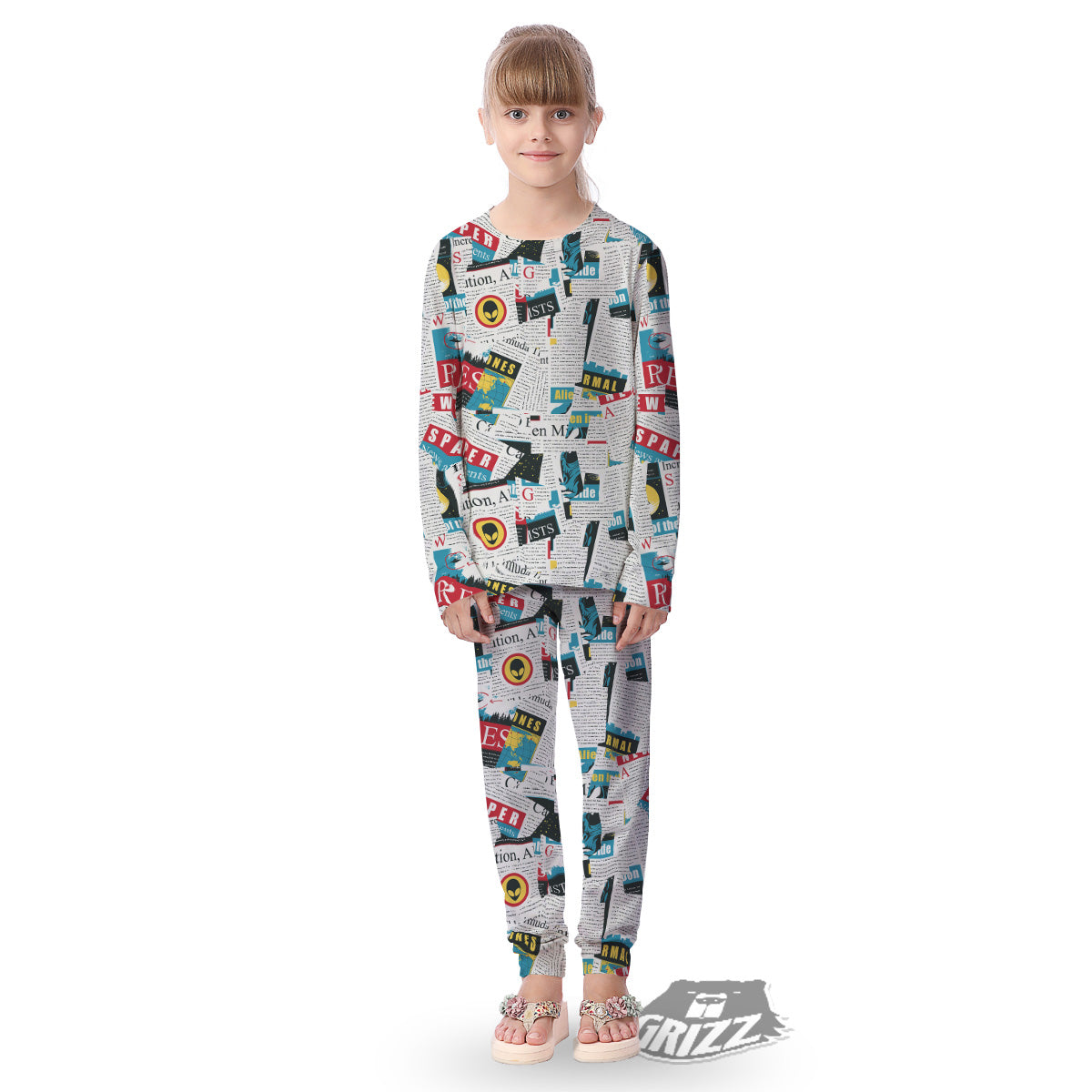Newspaper Clippings On Aliens Topic Colorful Print Pattern Kid's Pajamas-grizzshop