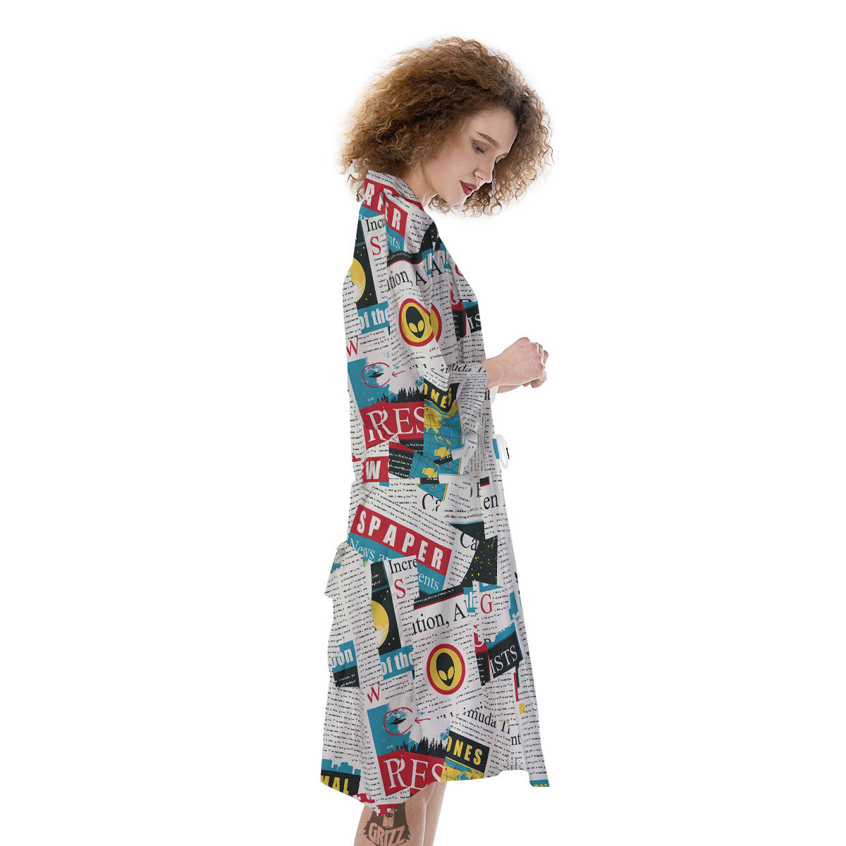Newspaper Clippings On Aliens Topic Colorful Print Pattern Kimono-grizzshop