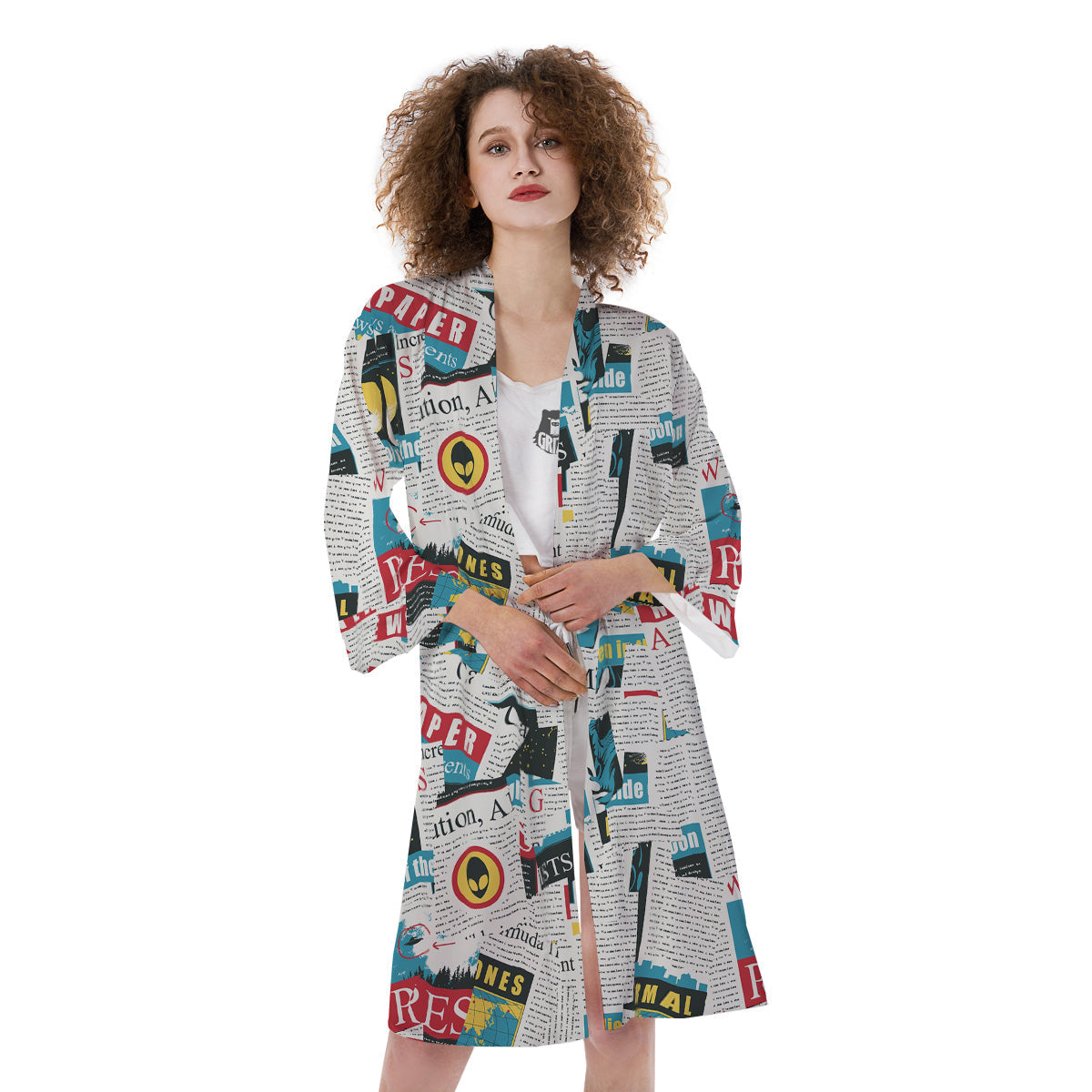 Newspaper Clippings On Aliens Topic Colorful Print Pattern Kimono-grizzshop