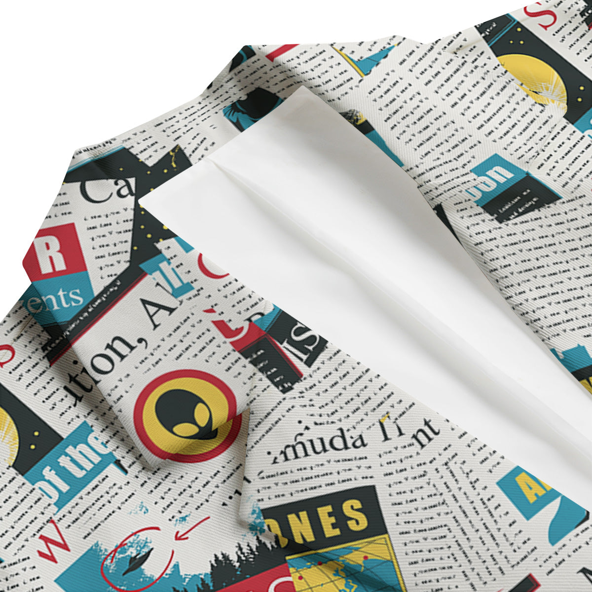 Newspaper Clippings On Aliens Topic Colorful Print Pattern Men's Blazer-grizzshop