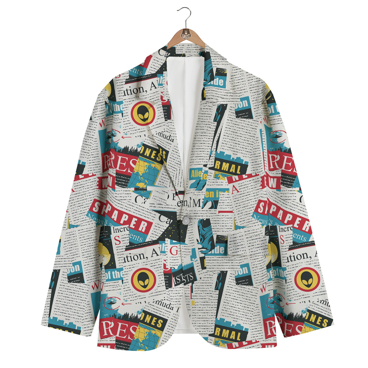 Newspaper Clippings On Aliens Topic Colorful Print Pattern Men's Blazer-grizzshop