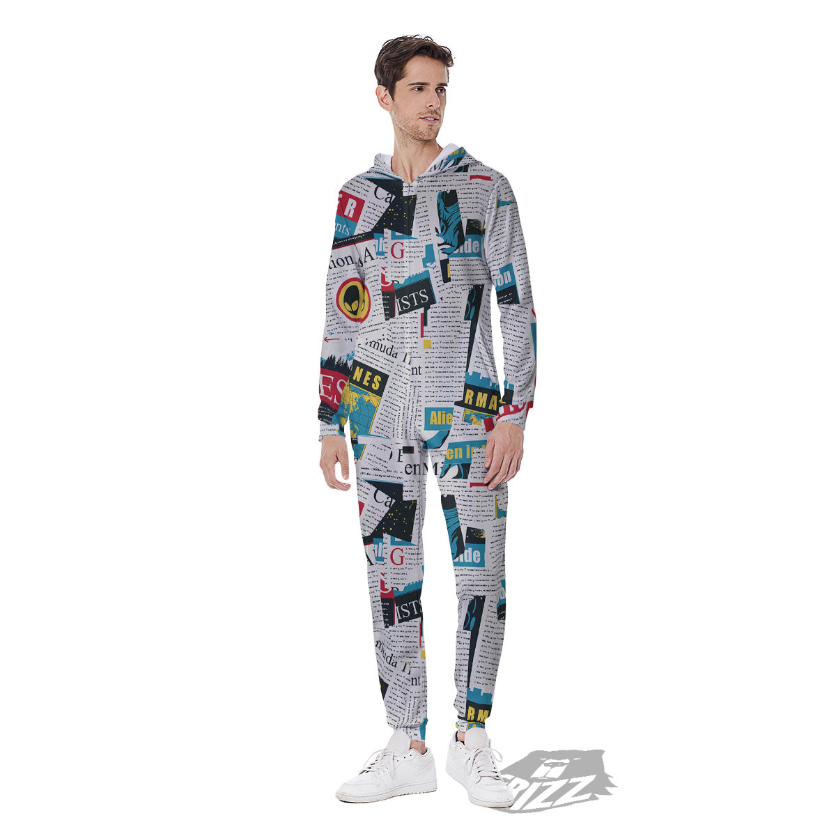Newspaper Clippings On Aliens Topic Colorful Print Pattern Men's Jumpsuit-grizzshop