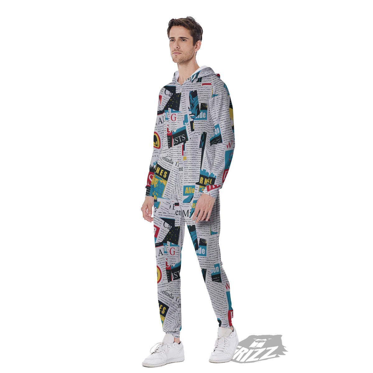 Newspaper Clippings On Aliens Topic Colorful Print Pattern Men's Jumpsuit-grizzshop