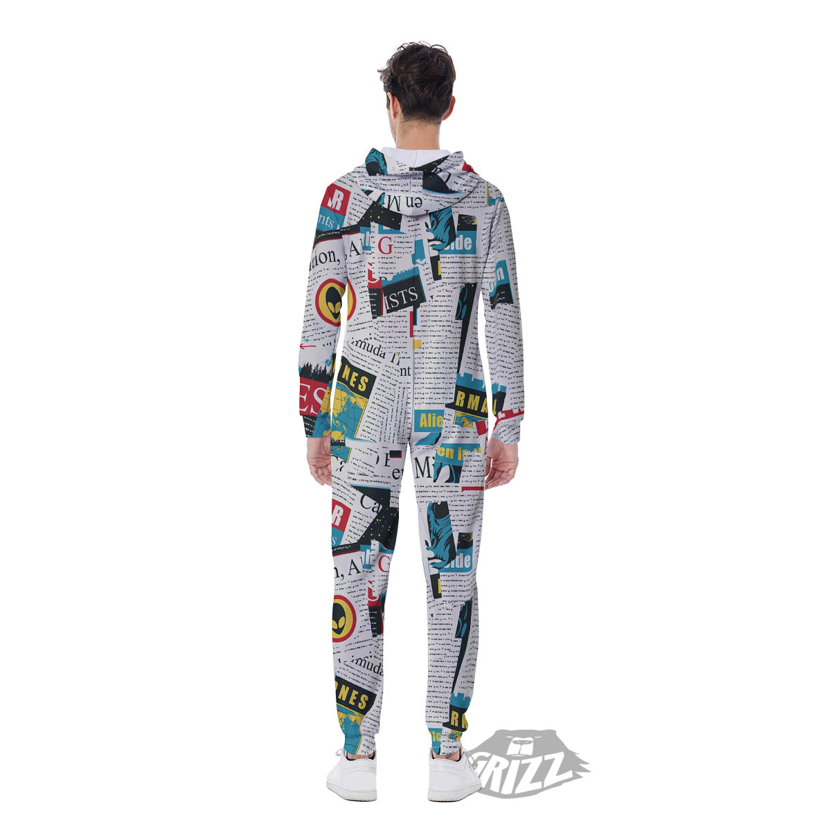 Newspaper Clippings On Aliens Topic Colorful Print Pattern Men's Jumpsuit-grizzshop