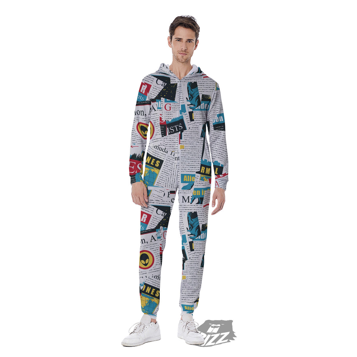 Newspaper Clippings On Aliens Topic Colorful Print Pattern Men's Jumpsuit-grizzshop