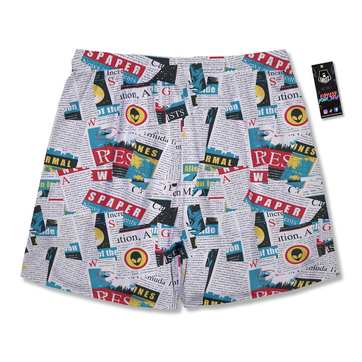 Newspaper Clippings On Aliens Topic Colorful Print Pattern Men's Running Shorts-grizzshop