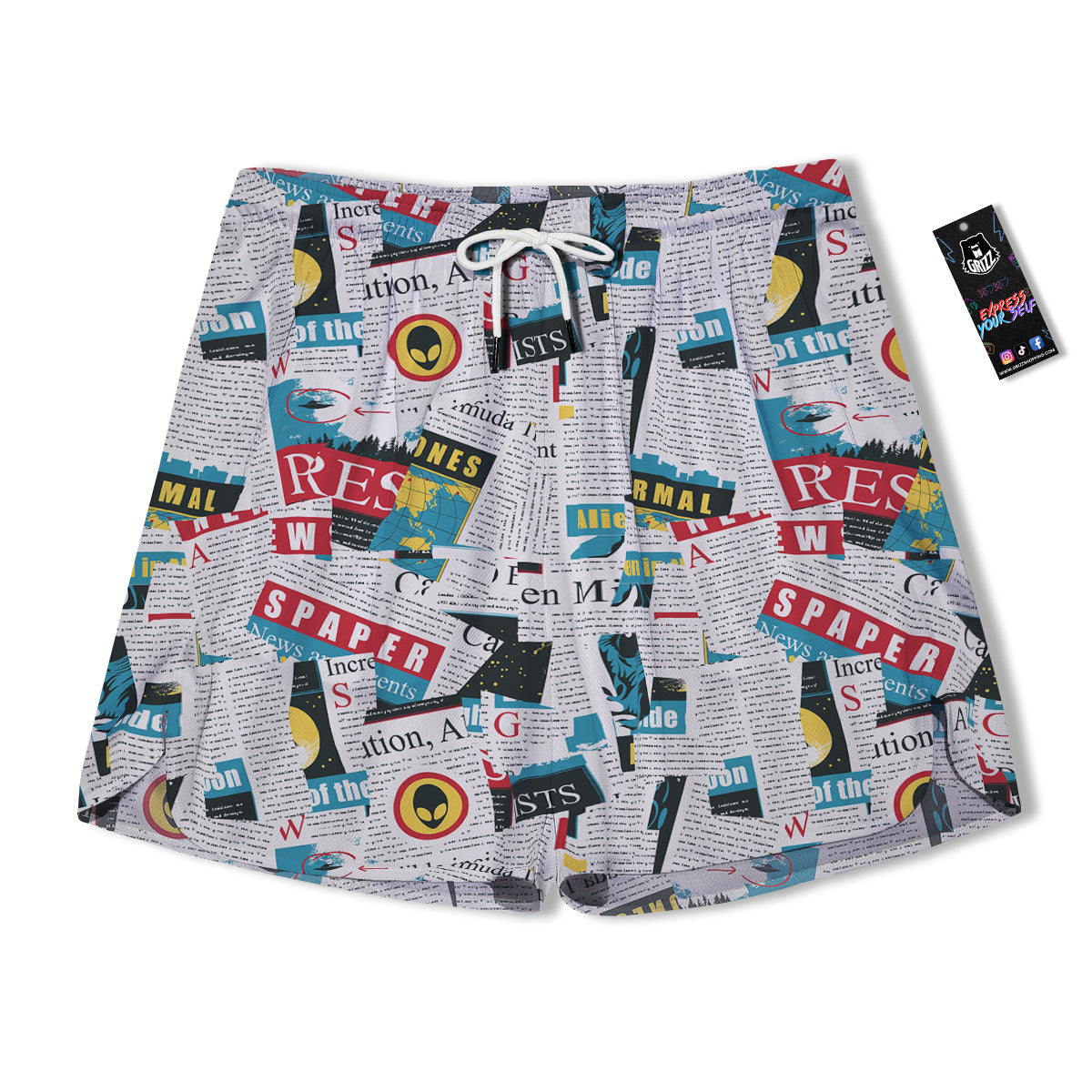 Newspaper Clippings On Aliens Topic Colorful Print Pattern Men's Running Shorts-grizzshop