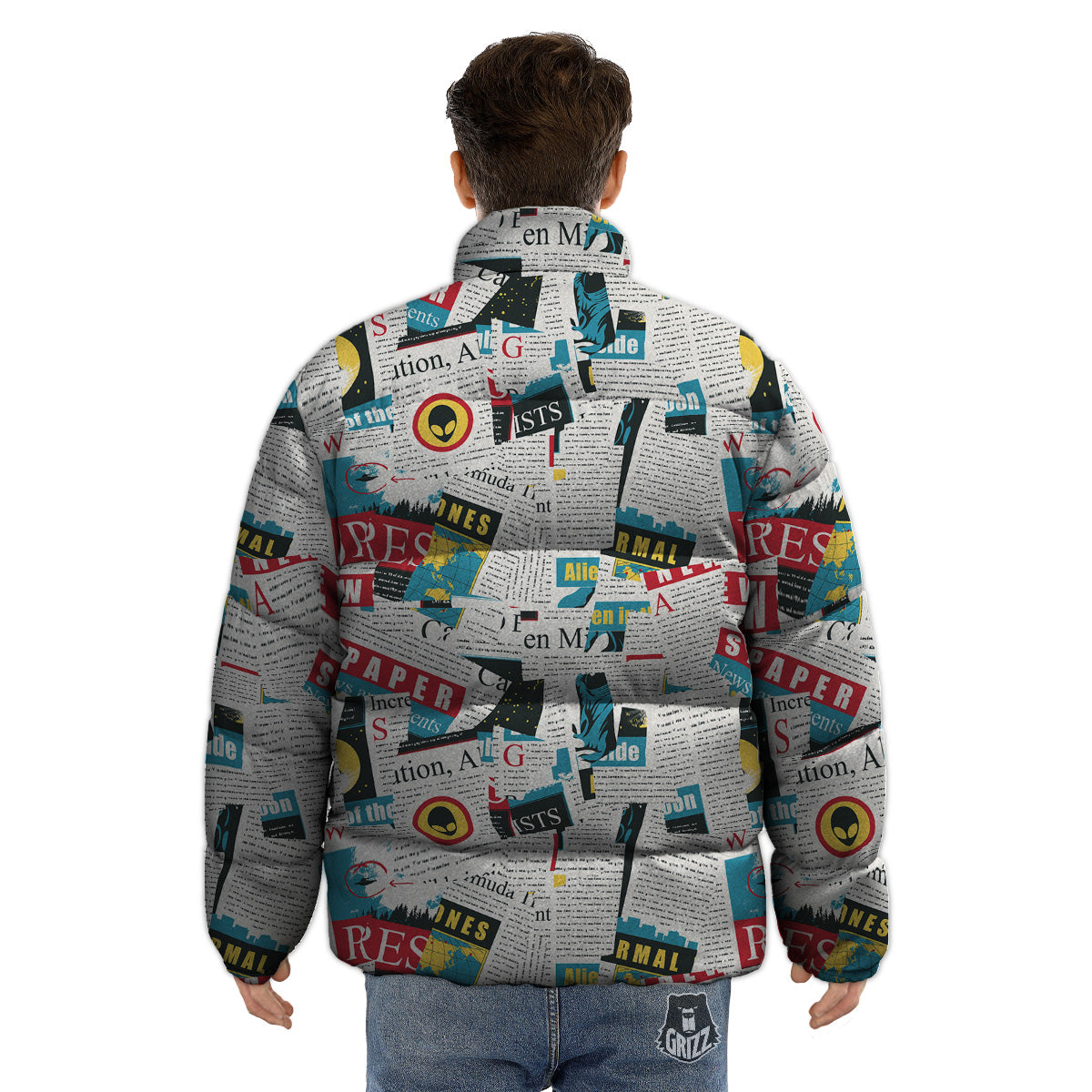 Newspaper Clippings On Aliens Topic Colorful Print Pattern Puffer Jacket-grizzshop